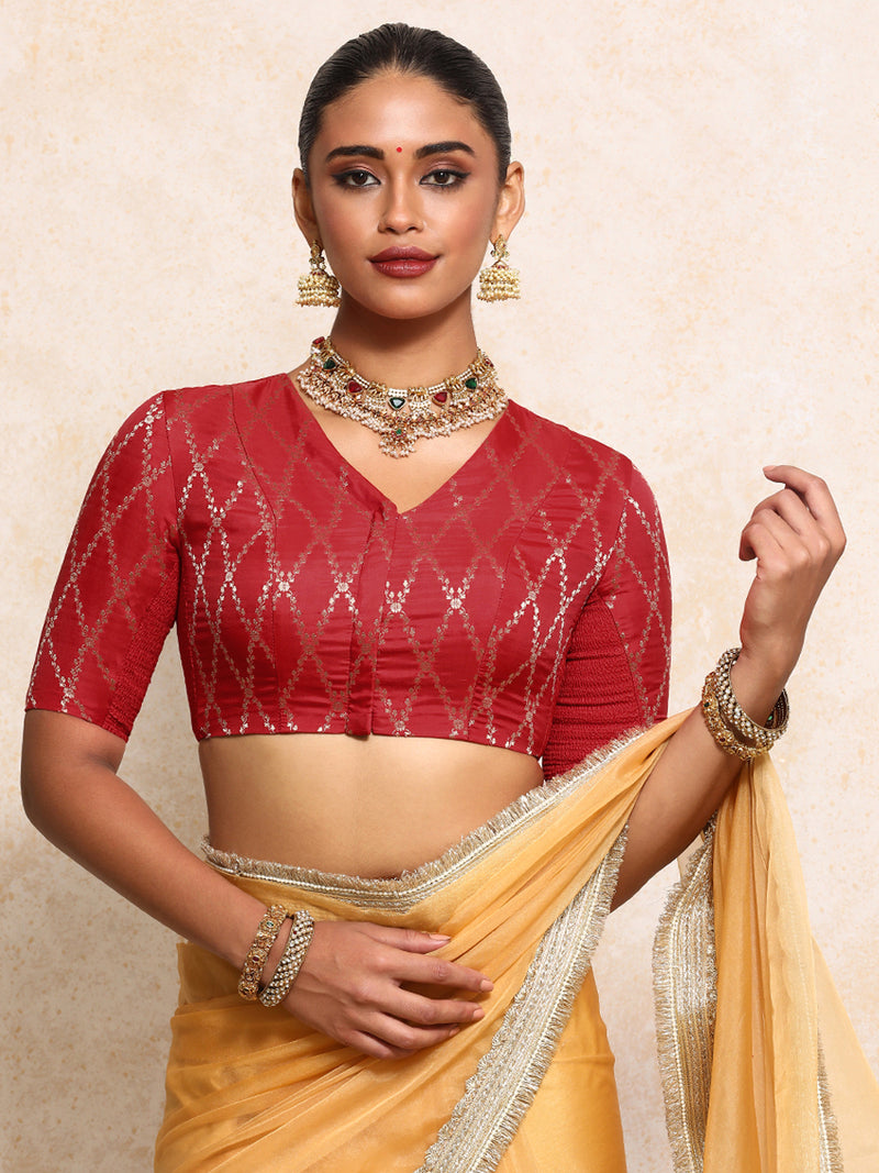 Manisha x Tyohaar | Elbow Sleeves Saree Blouse in Berry Red Vine Mesh Brocade-Binks
