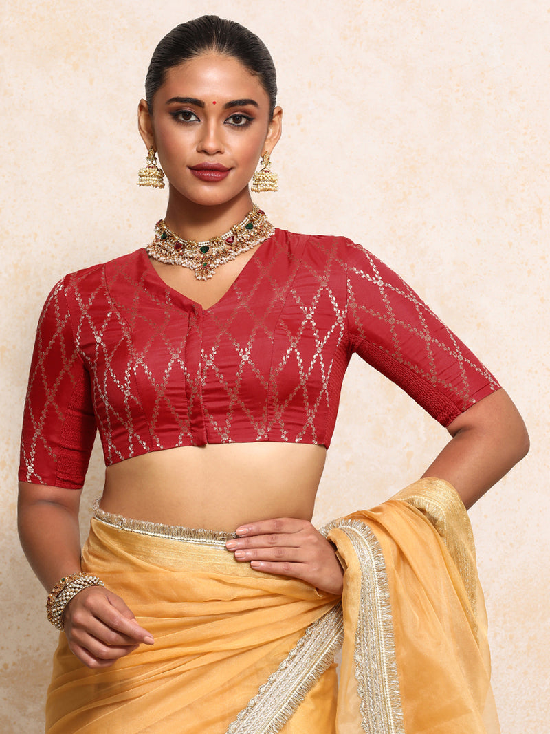 Manisha x Tyohaar | Elbow Sleeves Saree Blouse in Berry Red Vine Mesh Brocade-Binks
