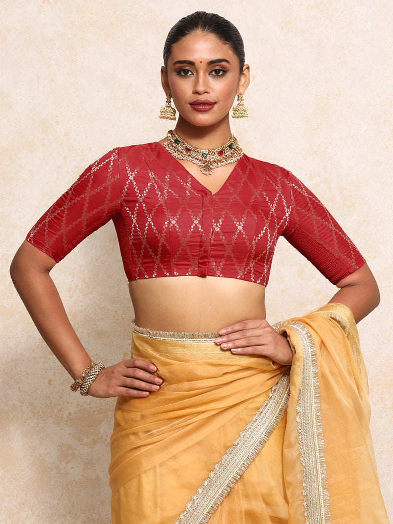 Manisha x Tyohaar | Elbow Sleeves Saree Blouse in Berry Red Vine Mesh Brocade-Binks
