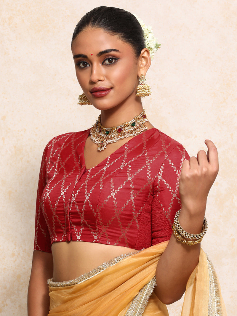 Manisha x Tyohaar | Elbow Sleeves Saree Blouse in Berry Red Vine Mesh Brocade-Binks