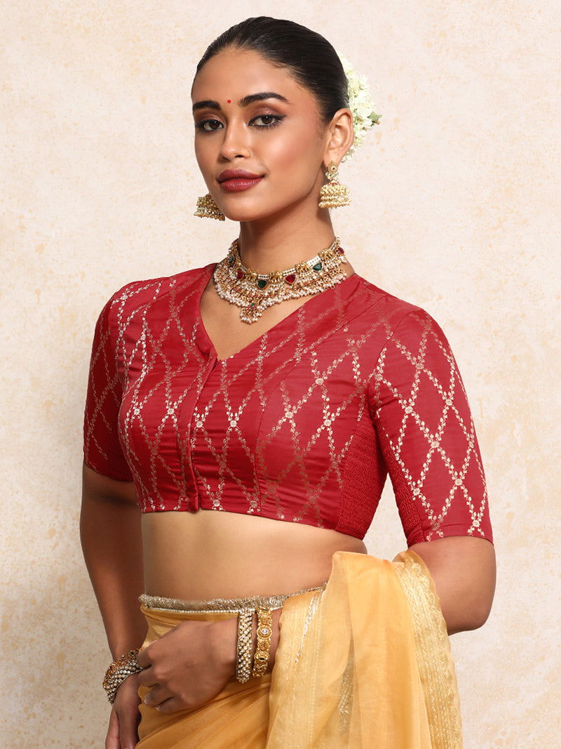 Manisha x Tyohaar | Elbow Sleeves Saree Blouse in Berry Red Vine Mesh Brocade-Binks