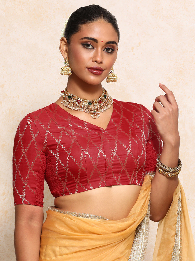 Manisha x Tyohaar | Elbow Sleeves Saree Blouse in Berry Red Vine Mesh Brocade-Binks