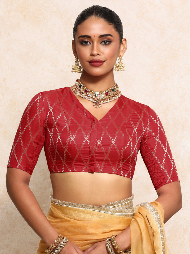Manisha x Tyohaar | Elbow Sleeves Saree Blouse in Berry Red Vine Mesh Brocade-Binks
