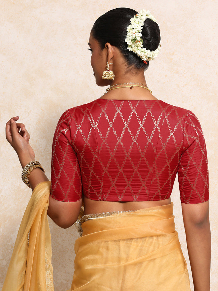 Manisha x Tyohaar Saree Blouse, in Red Viscose Silk Brocade, featuring elbow sleeves and v-neckline (view 2).