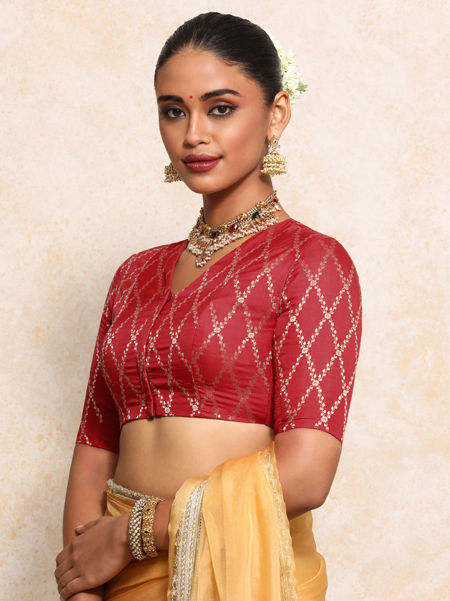 Manisha x Tyohaar Saree Blouse, in Red Viscose Silk Brocade, featuring elbow sleeves and v-neckline (view 5).