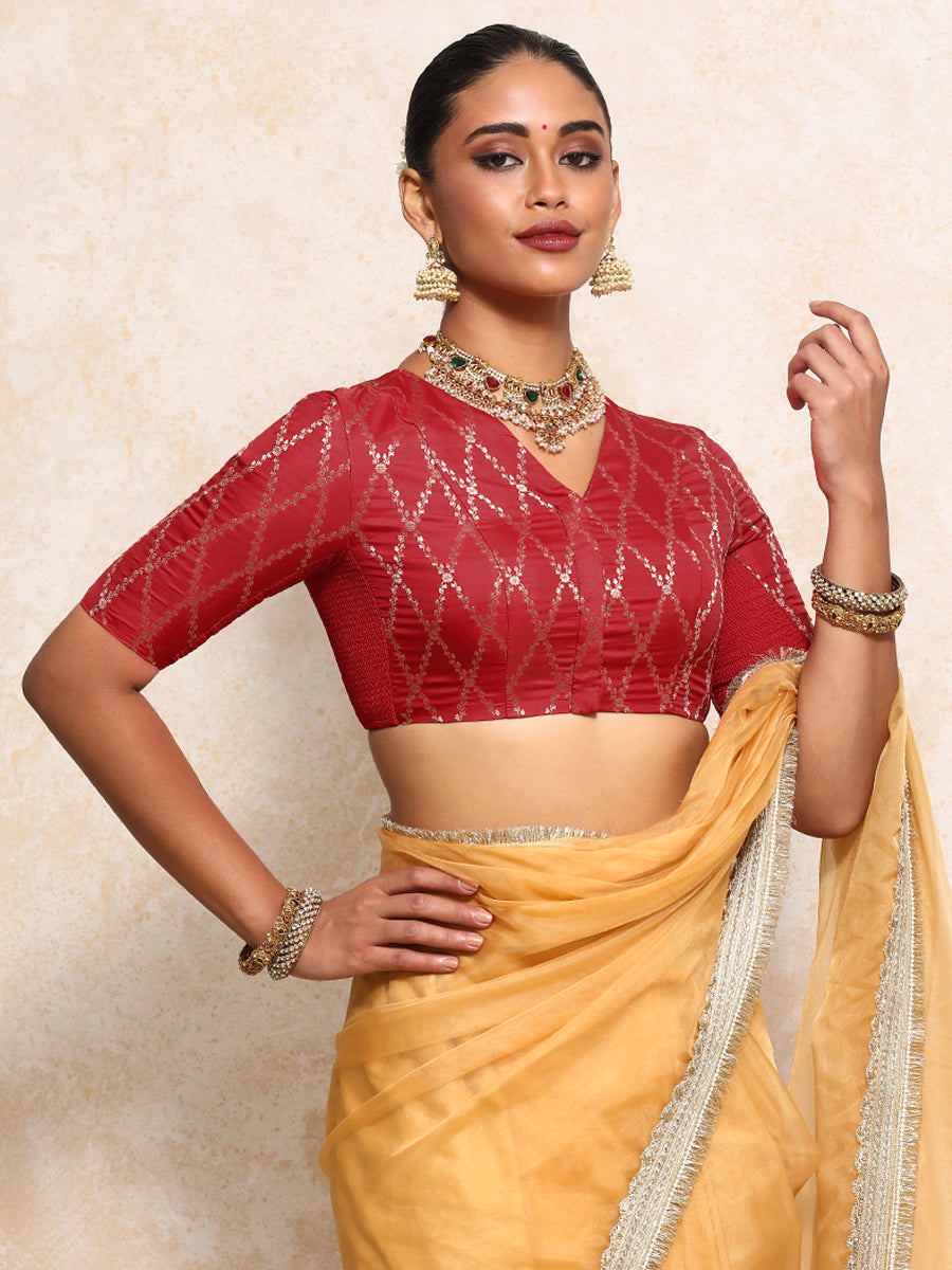 Manisha x Tyohaar Saree Blouse, in Red Viscose Silk Brocade, featuring elbow sleeves and v-neckline (view 7).
