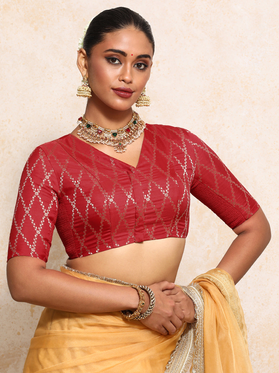 Manisha x Tyohaar Saree Blouse, in Red Viscose Silk Brocade, featuring elbow sleeves and v-neckline (view 8).