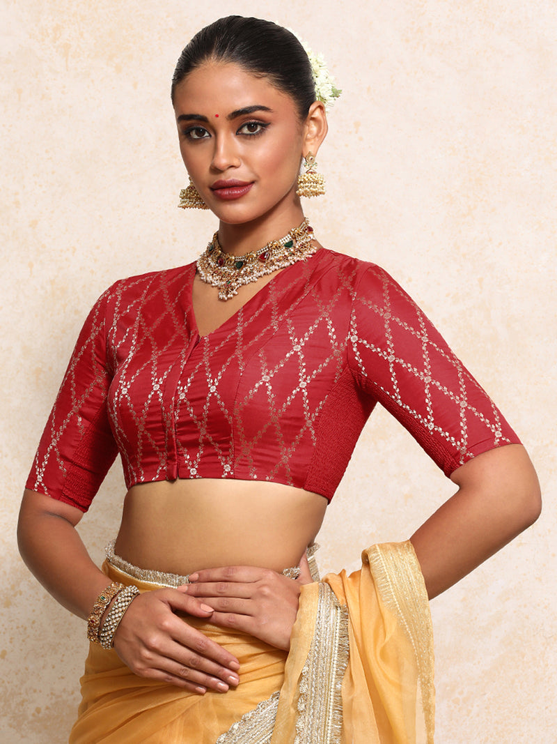 Manisha x Tyohaar | Elbow Sleeves Saree Blouse in Berry Red Vine Mesh Brocade-Binks