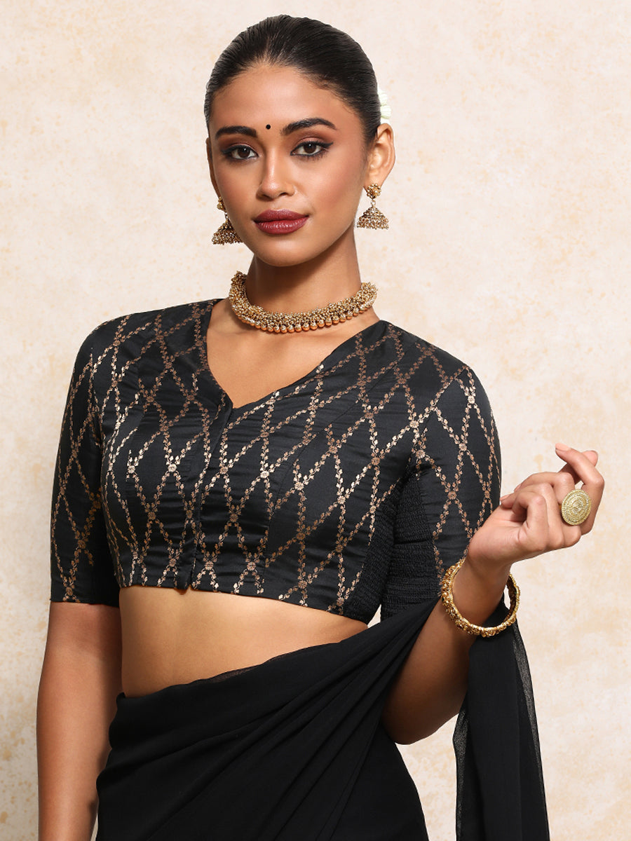 Manisha x Tyohaar | Elbow Sleeves Saree Blouse in Cosmic Black Vine Mesh Brocade