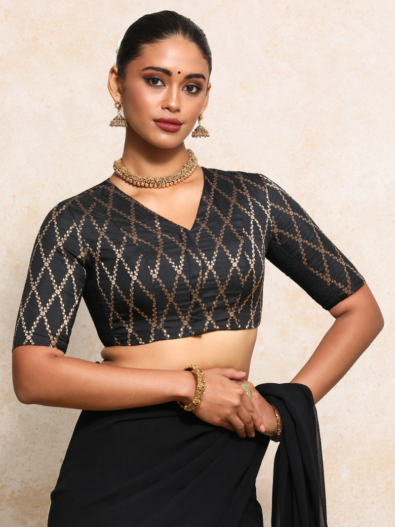Manisha x Tyohaar | Elbow Sleeves Saree Blouse in Cosmic Black Vine Mesh Brocade-Binks