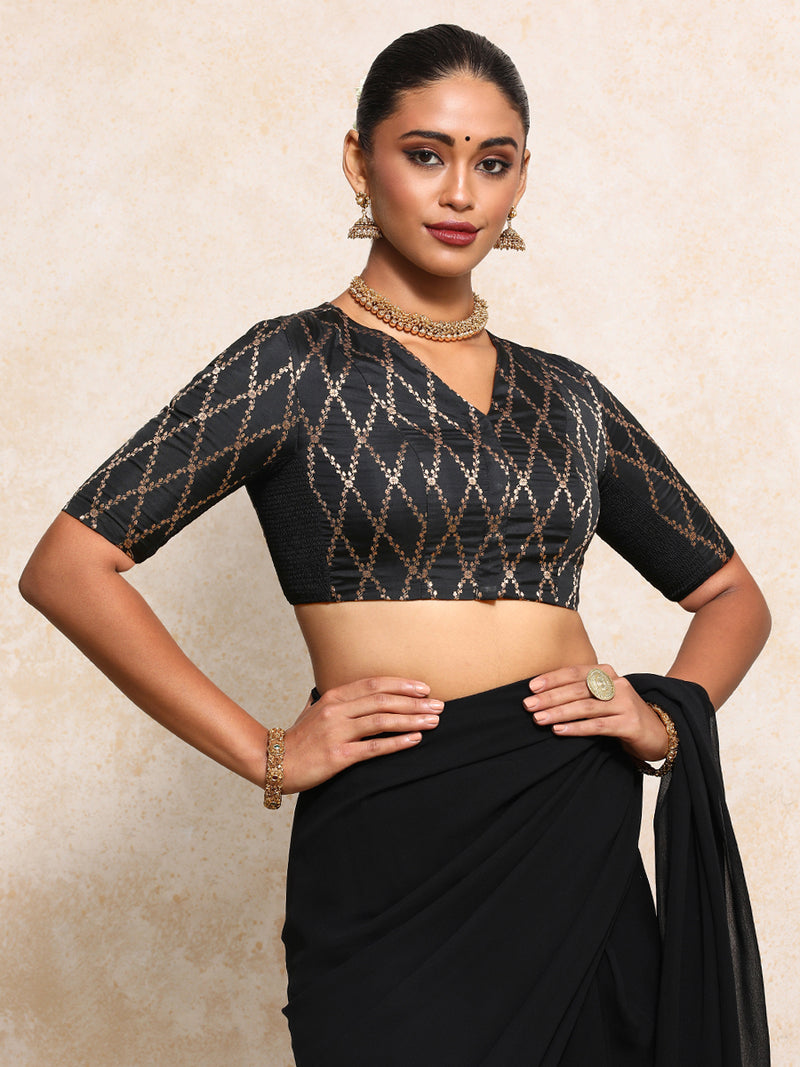 Manisha x Tyohaar | Elbow Sleeves Saree Blouse in Cosmic Black Vine Mesh Brocade-Binks