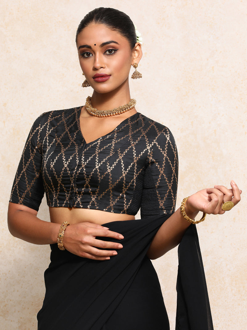 Manisha x Tyohaar | Elbow Sleeves Saree Blouse in Cosmic Black Vine Mesh Brocade-Binks