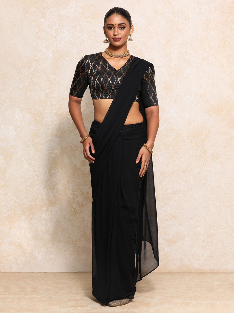 Manisha x Tyohaar | Elbow Sleeves Saree Blouse in Cosmic Black Vine Mesh Brocade-Binks