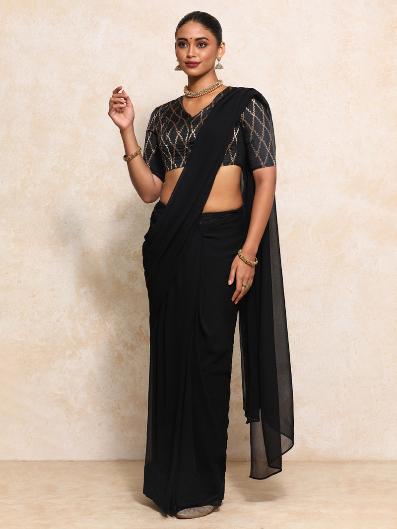 Manisha x Tyohaar | Elbow Sleeves Saree Blouse in Cosmic Black Vine Mesh Brocade-Binks