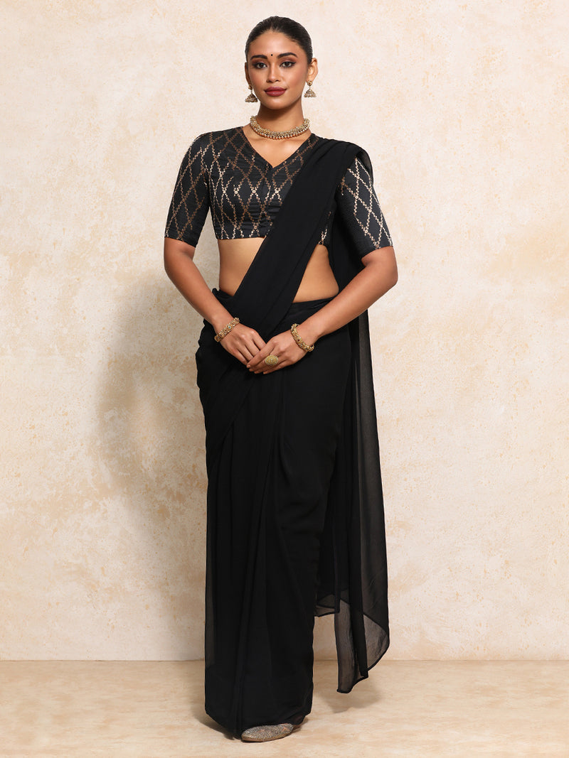 Manisha x Tyohaar | Elbow Sleeves Saree Blouse in Cosmic Black Vine Mesh Brocade-Binks