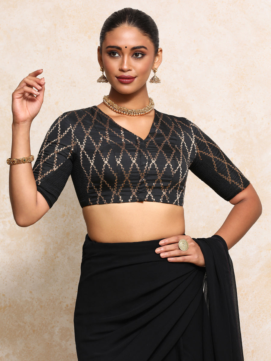 Manisha x Tyohaar Saree Blouse, in Black Viscose Silk Brocade, featuring elbow sleeves and v-neckline (view 7).