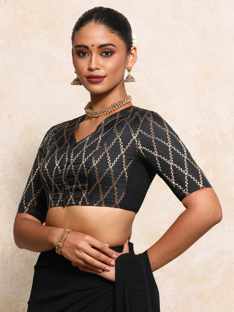 Manisha x Tyohaar | Elbow Sleeves Saree Blouse in Cosmic Black Vine Mesh Brocade-Binks