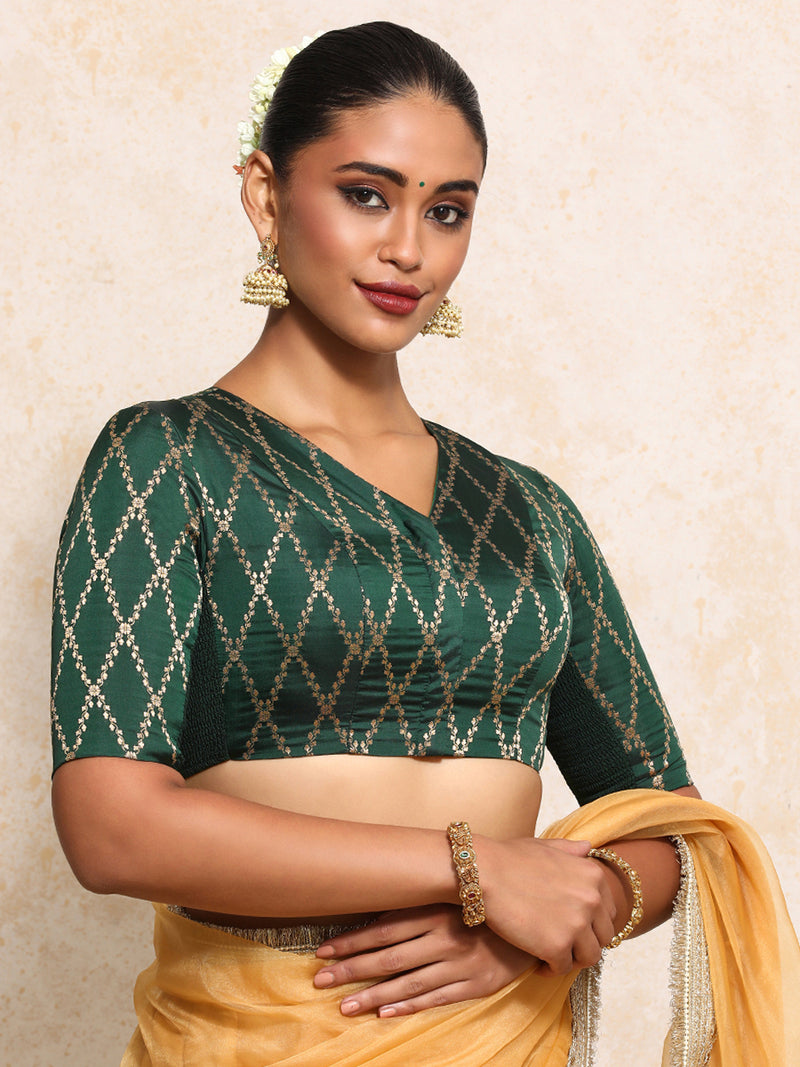 Manisha x Tyohaar | Elbow Sleeves Saree Blouse in Dark Green Vine Mesh Brocade-Binks