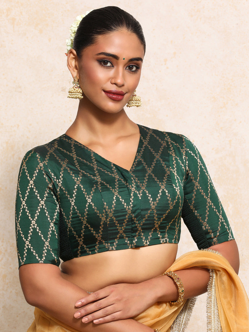 Manisha x Tyohaar | Elbow Sleeves Saree Blouse in Dark Green Vine Mesh Brocade-Binks