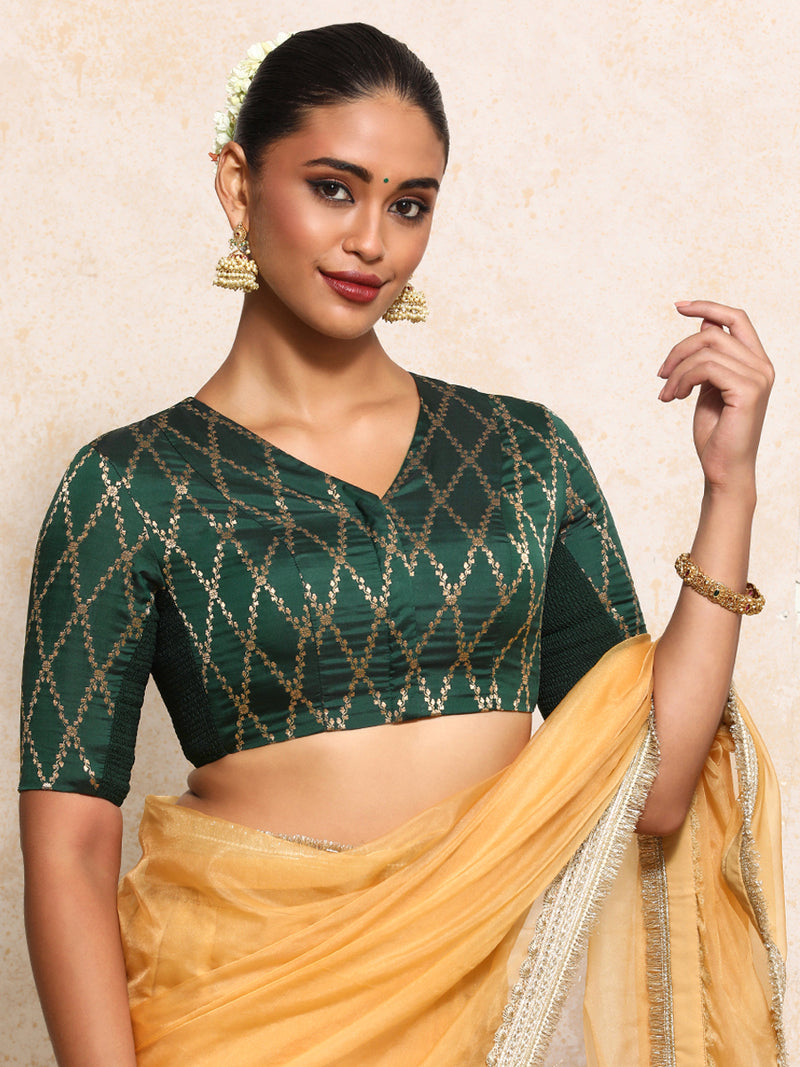 Manisha x Tyohaar | Elbow Sleeves Saree Blouse in Dark Green Vine Mesh Brocade-Binks