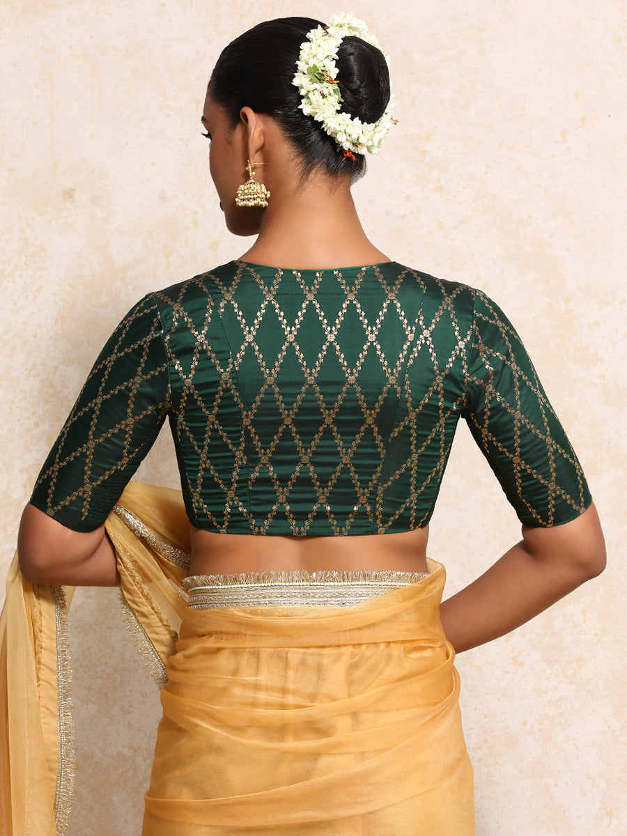 Manisha x Tyohaar Saree Blouse, in Green Viscose Silk Brocade, featuring elbow sleeves and v-neckline (view 2).