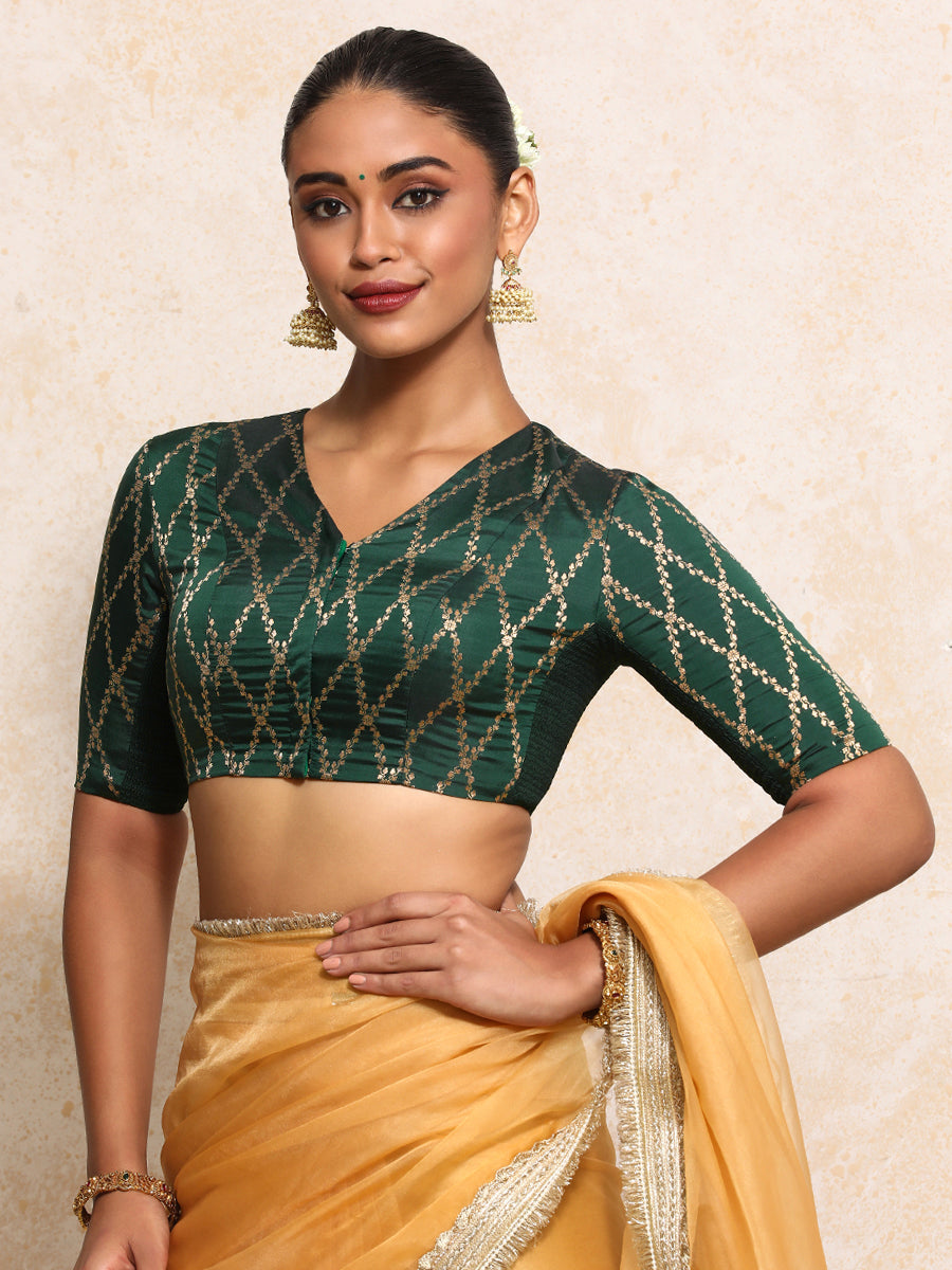 Manisha x Tyohaar Saree Blouse, in Green Viscose Silk Brocade, featuring elbow sleeves and v-neckline (view 7).