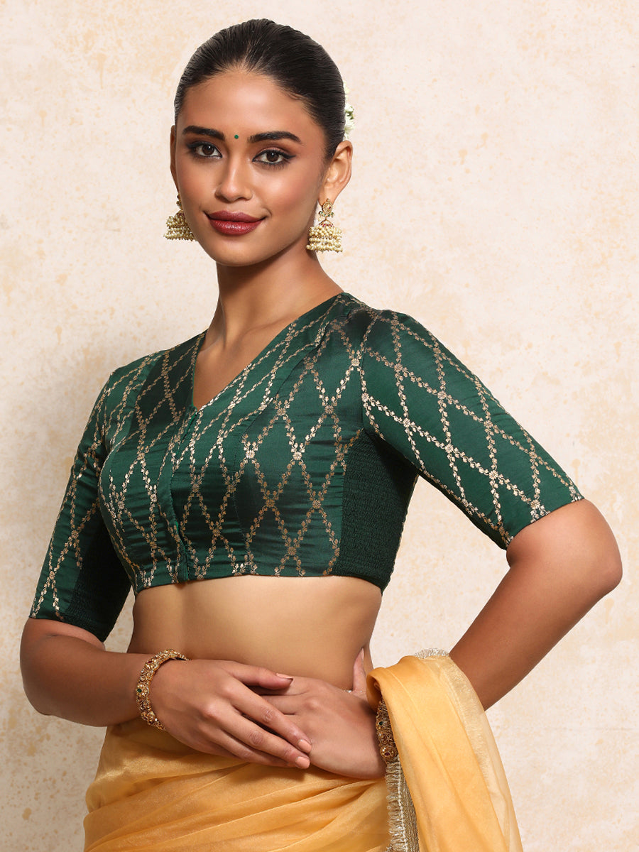 Manisha x Tyohaar Saree Blouse, in Green Viscose Silk Brocade, featuring elbow sleeves and v-neckline (view 8).