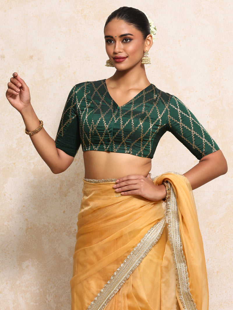 Manisha x Tyohaar | Elbow Sleeves Saree Blouse in Dark Green Vine Mesh Brocade-Binks