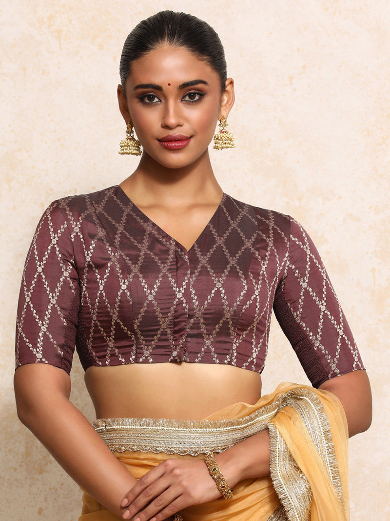 Manisha x Tyohaar | Elbow Sleeves Saree Blouse in Deep Burgundy Vine Mesh Brocade-Binks