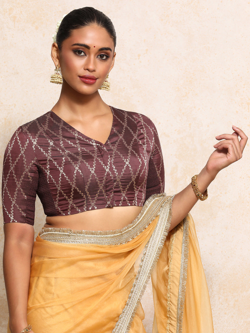 Manisha x Tyohaar | Elbow Sleeves Saree Blouse in Deep Burgundy Vine Mesh Brocade-Binks