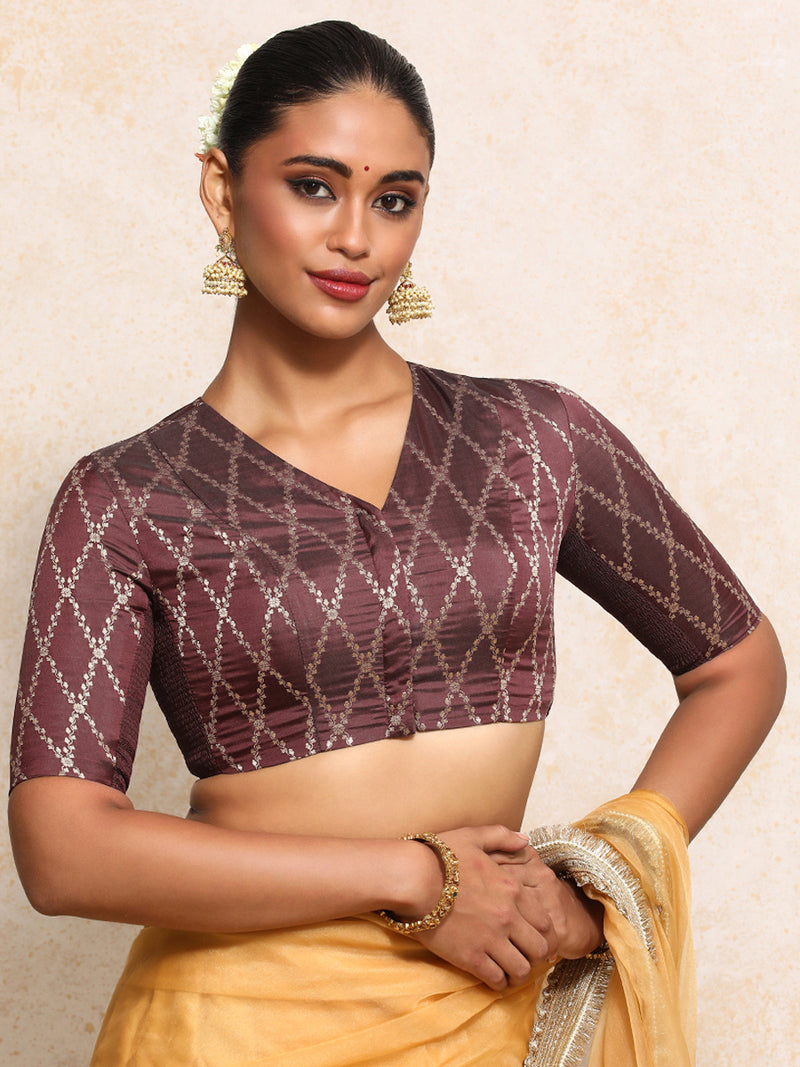 Manisha x Tyohaar | Elbow Sleeves Saree Blouse in Deep Burgundy Vine Mesh Brocade-Binks
