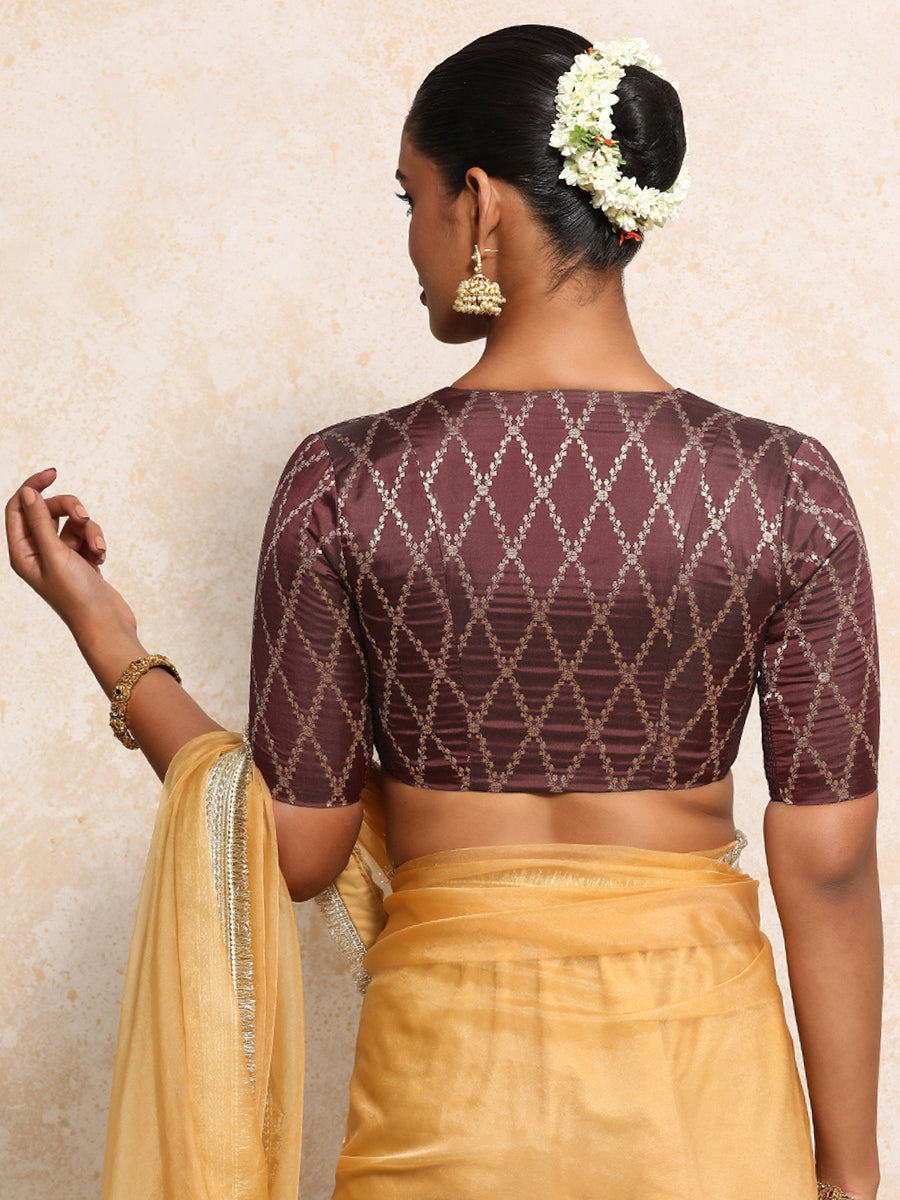 Manisha x Tyohaar Saree Blouse, in Maroon Viscose Silk Brocade, featuring elbow sleeves and v-neckline (view 2).