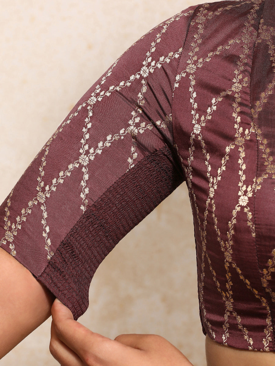 Manisha x Tyohaar Saree Blouse, in Maroon Viscose Silk Brocade, featuring elbow sleeves and v-neckline (view 4).