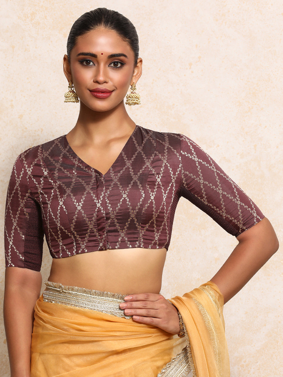Manisha x Tyohaar Saree Blouse, in Maroon Viscose Silk Brocade, featuring elbow sleeves and v-neckline (view 5).