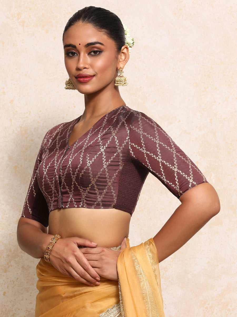 Manisha x Tyohaar Saree Blouse, in Maroon Viscose Silk Brocade, featuring elbow sleeves and v-neckline (view 6).