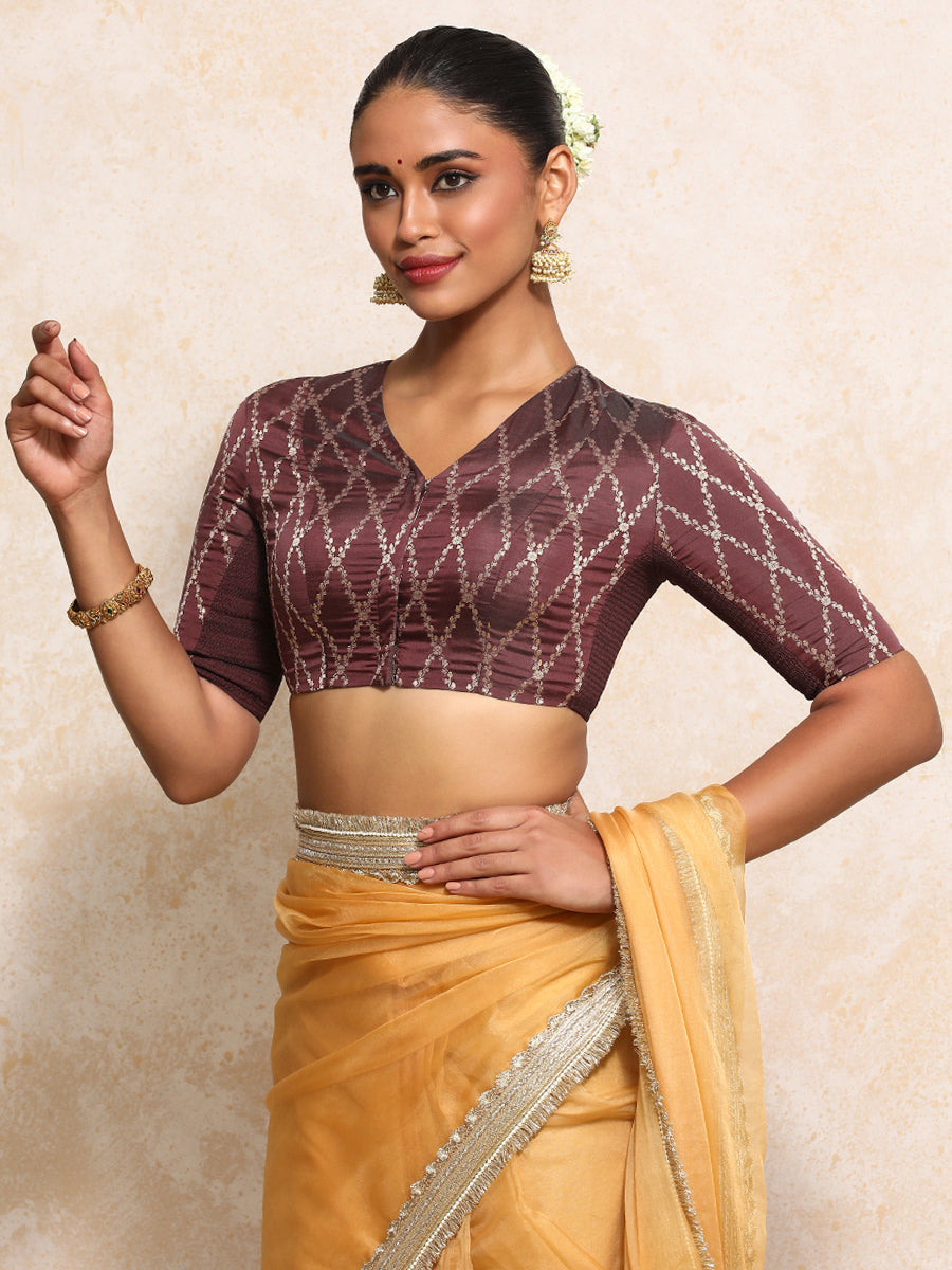 Manisha x Tyohaar Saree Blouse, in Maroon Viscose Silk Brocade, featuring elbow sleeves and v-neckline (view 7).