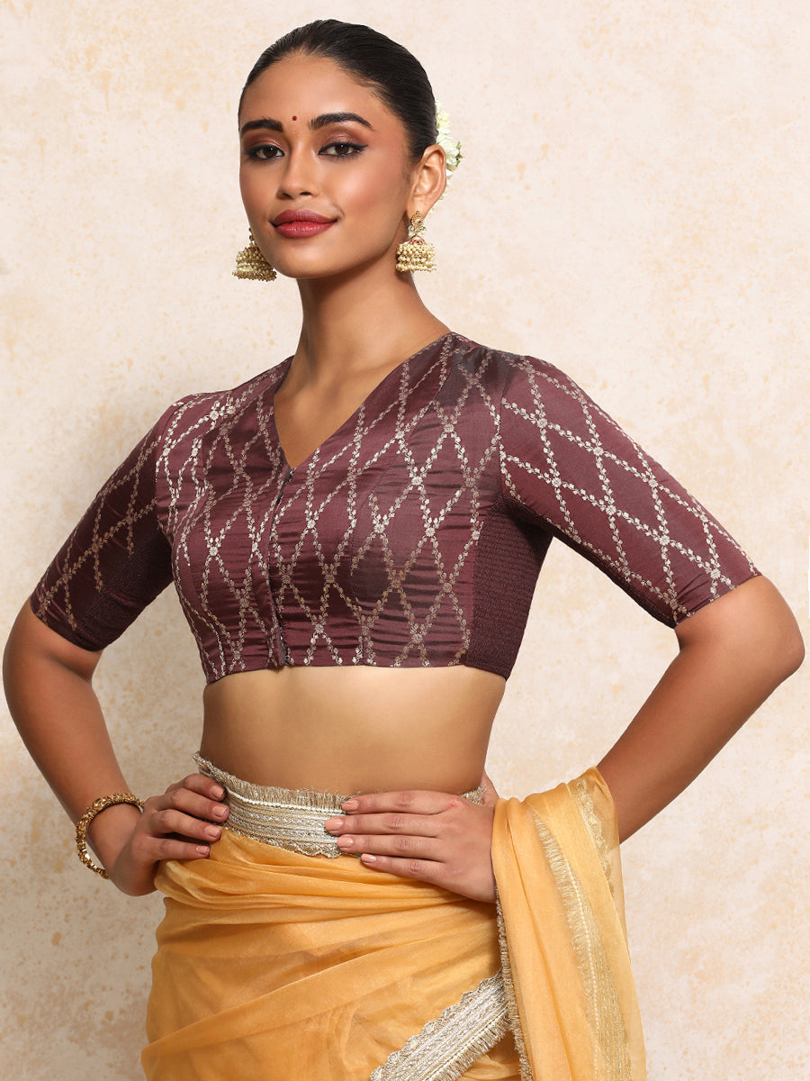 Manisha x Tyohaar Saree Blouse, in Maroon Viscose Silk Brocade, featuring elbow sleeves and v-neckline (view 8).