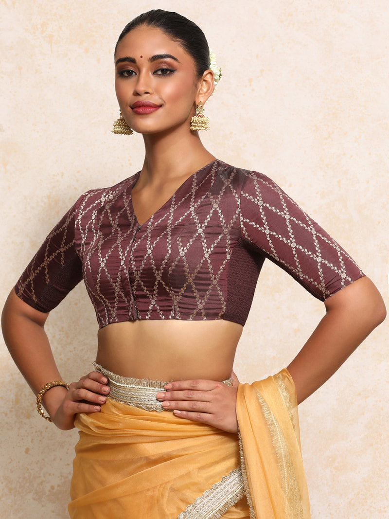 Manisha x Tyohaar | Elbow Sleeves Saree Blouse in Deep Burgundy Vine Mesh Brocade-Binks