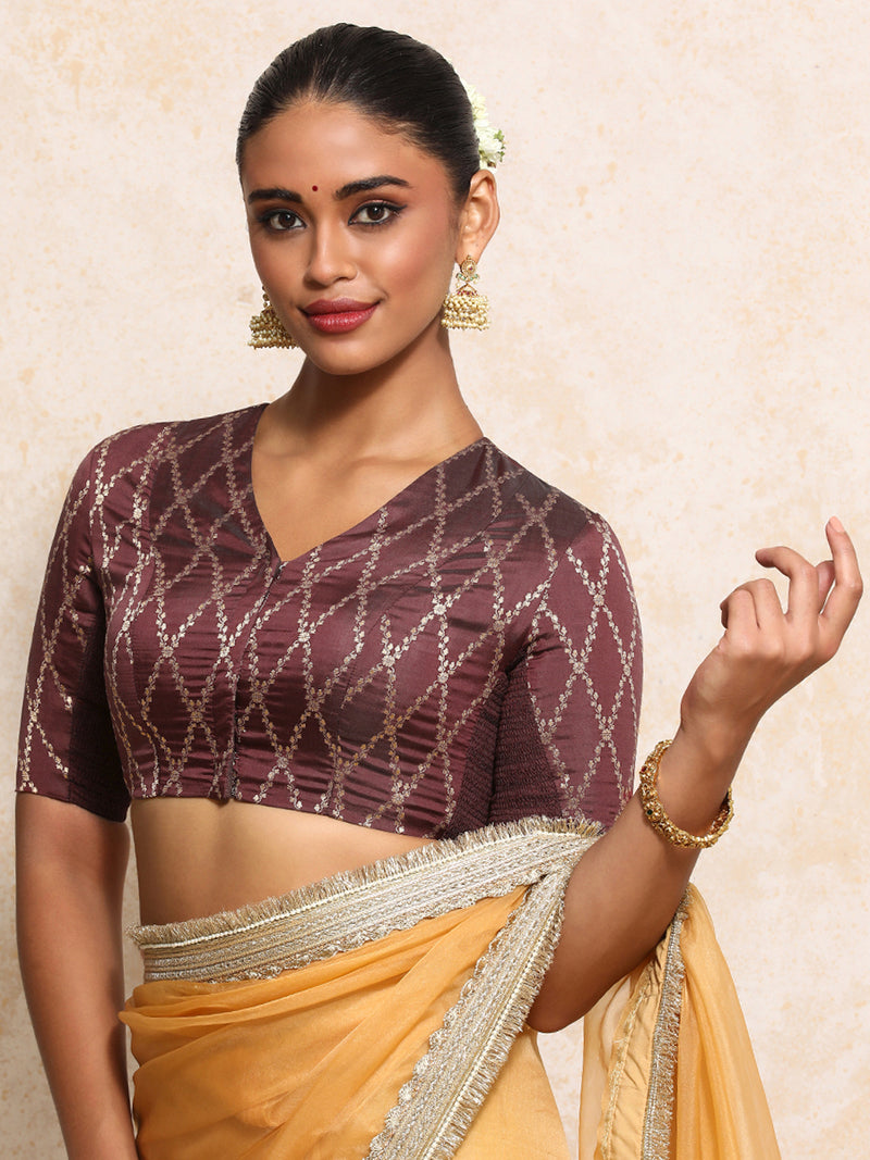 Manisha x Tyohaar | Elbow Sleeves Saree Blouse in Deep Burgundy Vine Mesh Brocade-Binks