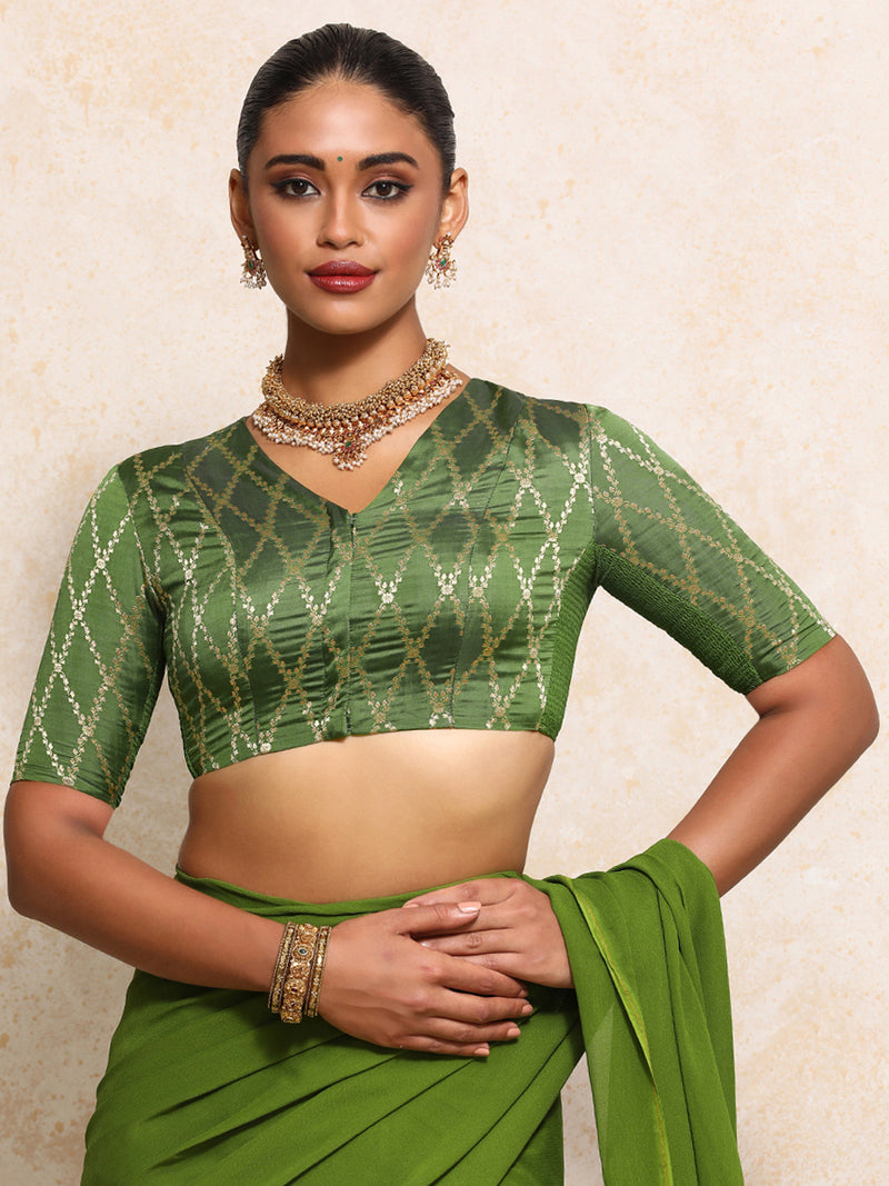 Manisha x Tyohaar | Elbow Sleeves Saree Blouse in Deep Olive Vine Mesh Brocade-Binks
