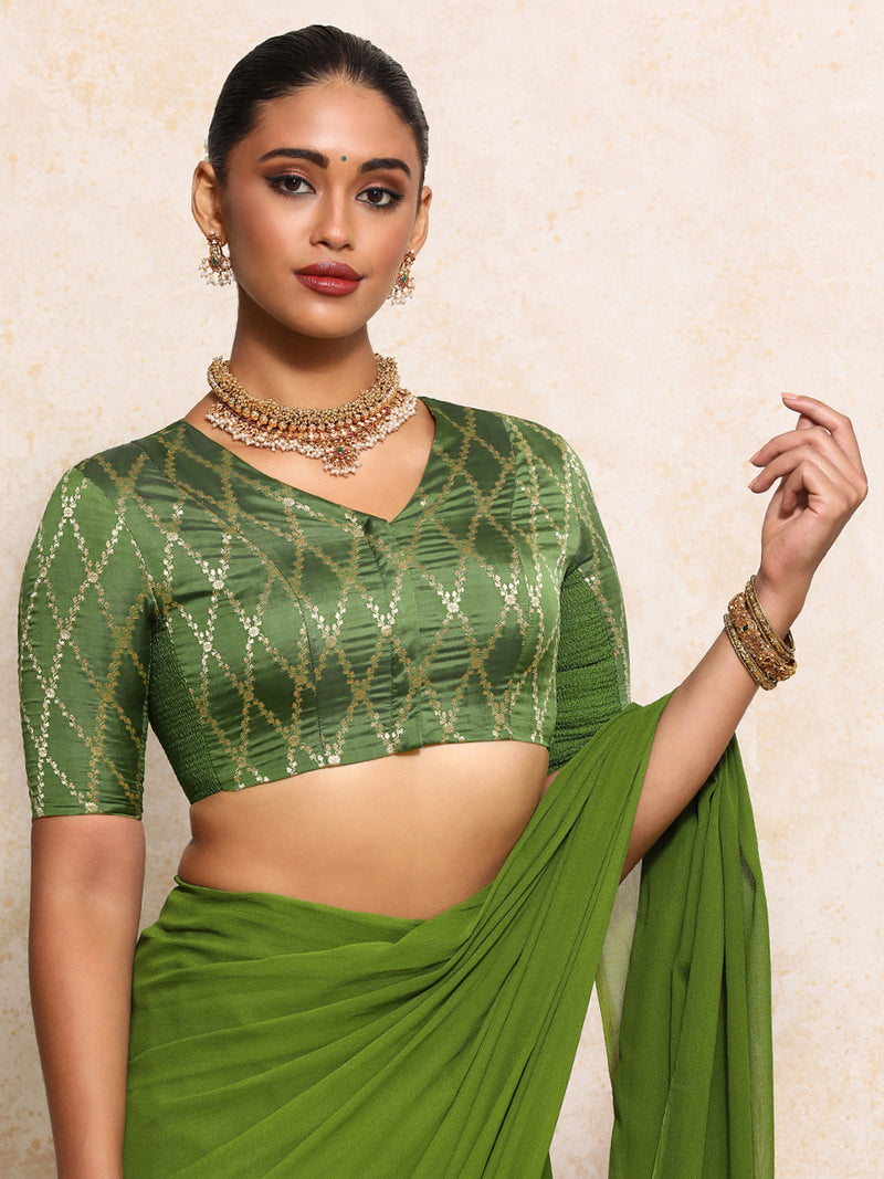 Manisha x Tyohaar | Elbow Sleeves Saree Blouse in Deep Olive Vine Mesh Brocade-Binks