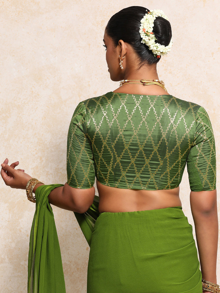 Manisha x Tyohaar Saree Blouse, in Green Viscose Silk Brocade, featuring elbow sleeves and v-neckline (view 2).