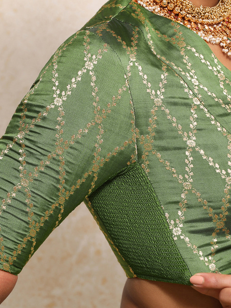 Manisha x Tyohaar Saree Blouse, in Green Viscose Silk Brocade, featuring elbow sleeves and v-neckline (view 3).