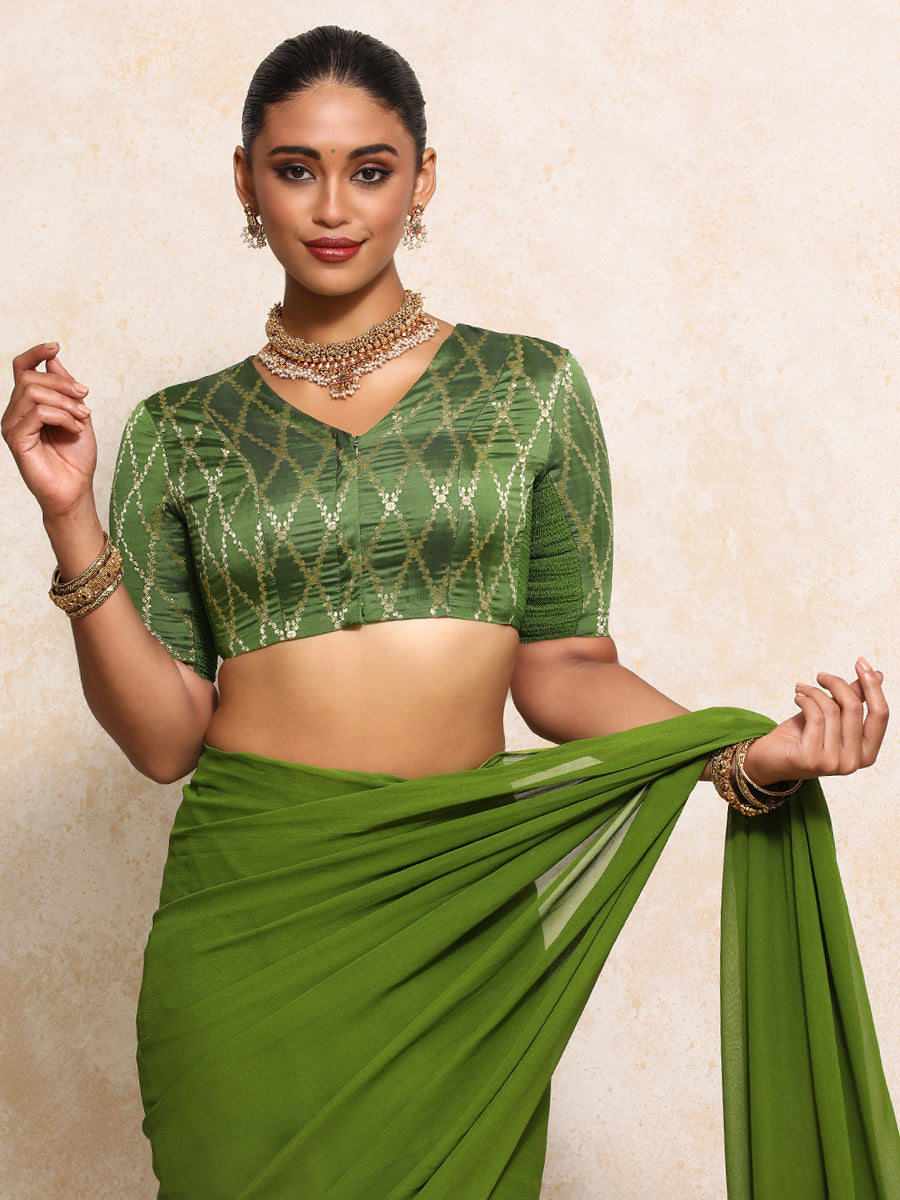 Manisha x Tyohaar Saree Blouse, in Green Viscose Silk Brocade, featuring elbow sleeves and v-neckline (view 6).