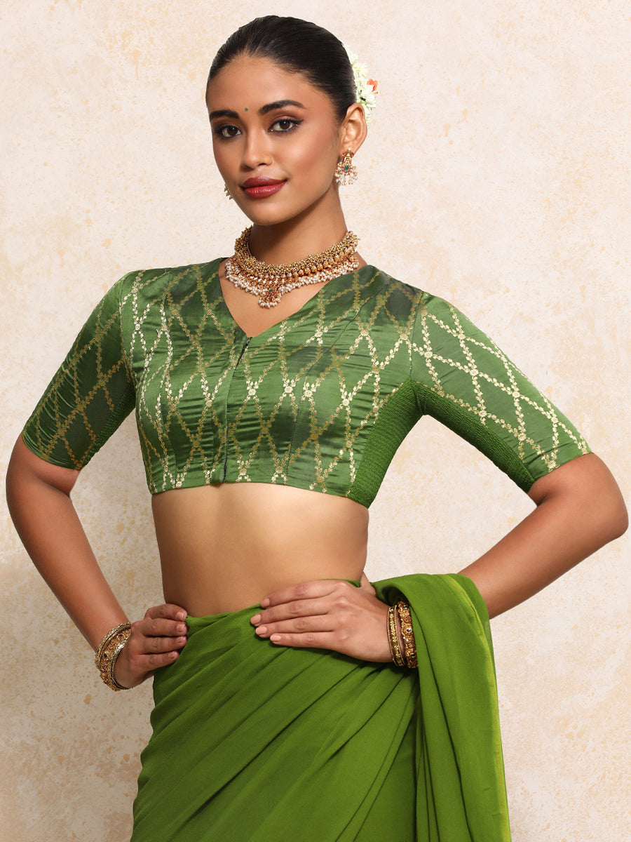 Manisha x Tyohaar Saree Blouse, in Green Viscose Silk Brocade, featuring elbow sleeves and v-neckline (view 7).