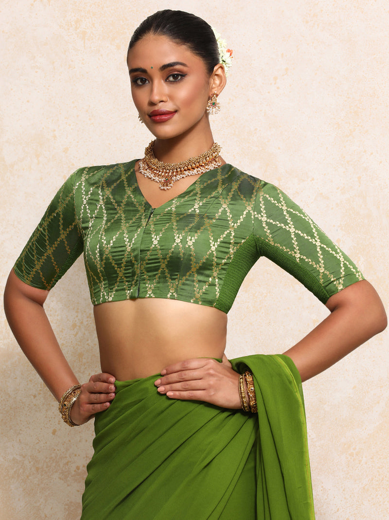 Manisha x Tyohaar | Elbow Sleeves Saree Blouse in Deep Olive Vine Mesh Brocade-Binks
