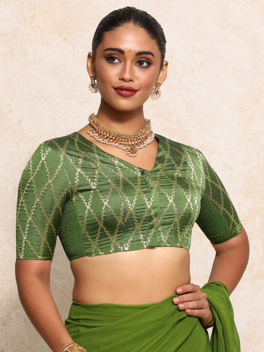 Manisha x Tyohaar Saree Blouse, in Green Viscose Silk Brocade, featuring elbow sleeves and v-neckline (view 8).