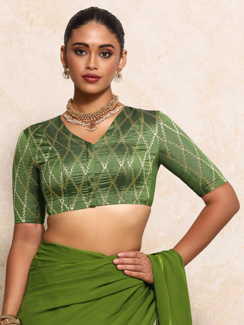 Manisha x Tyohaar | Elbow Sleeves Saree Blouse in Deep Olive Vine Mesh Brocade-Binks