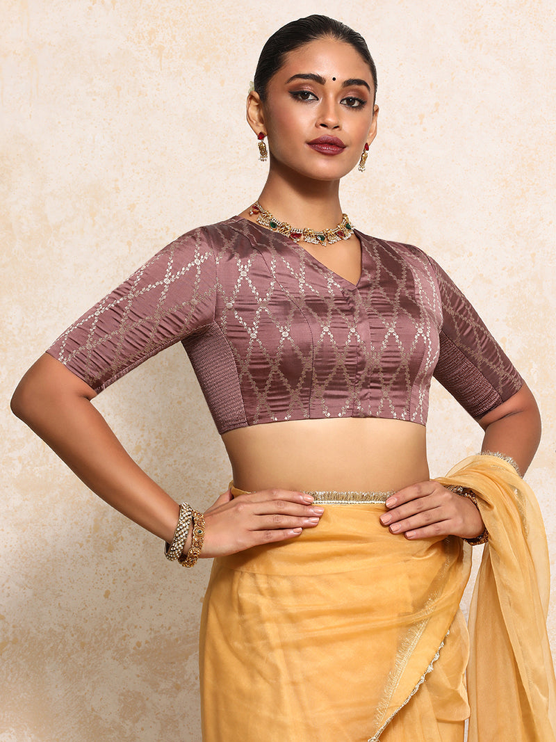 Manisha x Tyohaar | Elbow Sleeves Saree Blouse in Dusky Mauve Vine Mesh Brocade-Binks