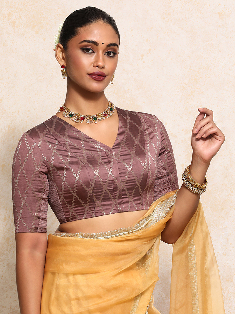 Manisha x Tyohaar | Elbow Sleeves Saree Blouse in Dusky Mauve Vine Mesh Brocade-Binks